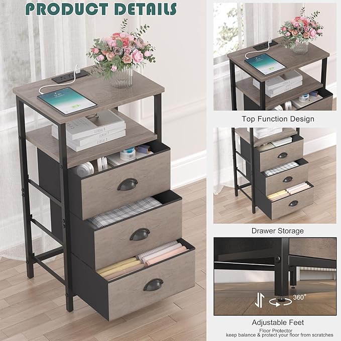 Nightstand with Charging Station,LED Nightstand with 3 Fabric Drawers, Bedside End Tables, 2-Tier Open Storage Shelf, Side Table Nightstand with Drawers for Bedroom,Grey