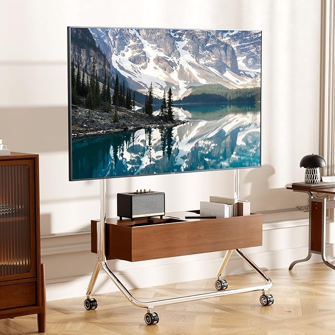 Solid Wood Mobile TV Cart Rolling TV Stand with Wheels for 42-75 Inch LCD LED Flat Curved Screens up to 180 Lbs, Heavy Duty Portable Floor Stainless Steel Mobile TV Stand (Walnut, 42-75inch)