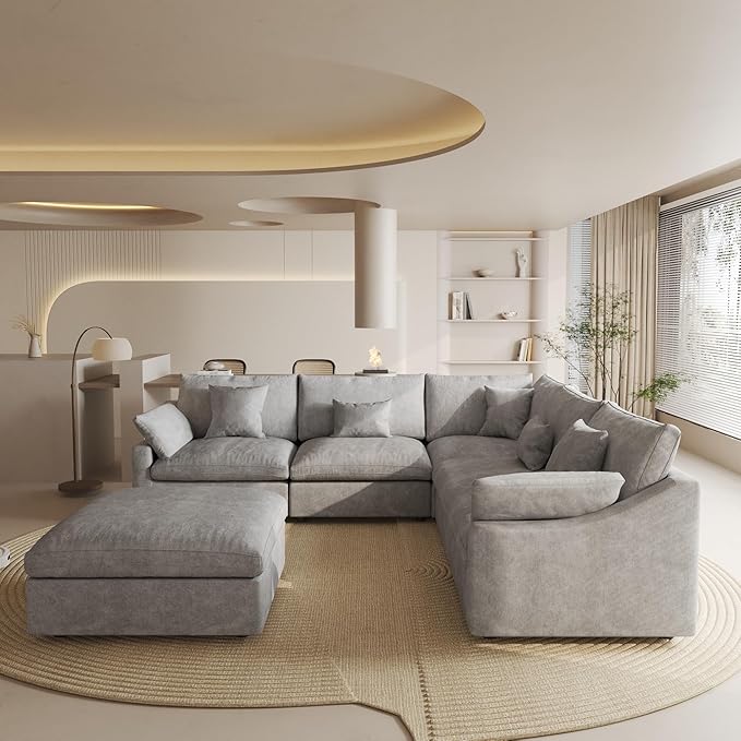 Modular Sectional Sofa Couch, 119.29" V Shaped Modular Couch with Ottoman, Down Filled Convertible Sofa for Living Room, 6 Seat Wide Couches,Cushion Covers Removable,Gray