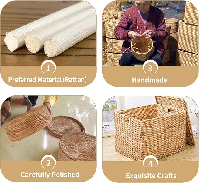 Rattan Basket With Lid, Large Lidded Basket For Storage Rattan Box(21.7" L×17.7"W×15.7"H)