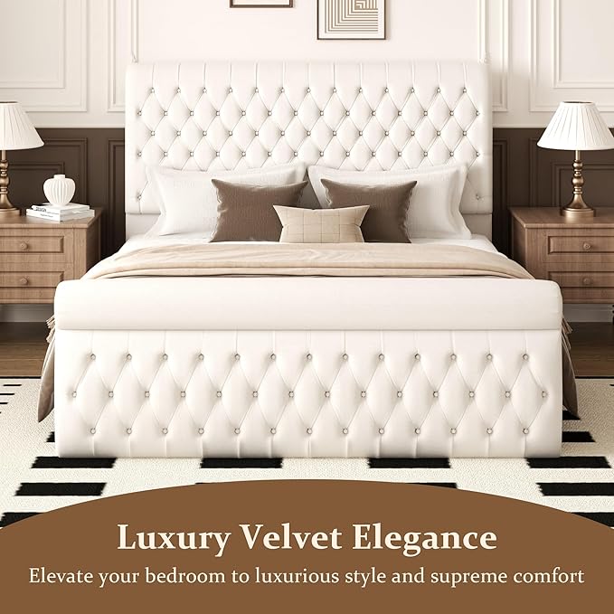 57.5" Tall King Size Upholstered Bed Frame with Rolled Headboard and Footboard, Plaform Bed Frame with Deep Button Tufting, Soft Chenille Fabric, Noise Free, No Spring Box Needed, Beige