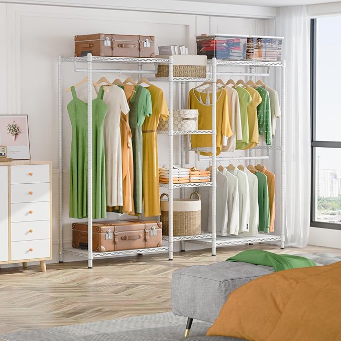 LEHOM G6M Heavy Duty Clothes Rack for Hanging Clothes, Portable Garment Rack Compact Size Closet Organizer, Freestanding Metal Clothing Rack Wardrobe Closet with Storage Shelves for Bedroom, White