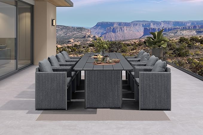 PURPLE LEAF 9 Pieces Outdoor Patio Dining Set Modern Large Weather-Resistant Table and Aluminum Chairs with Olefin Fabric Cushions for Garden Backyard Deck Furniture Grey
