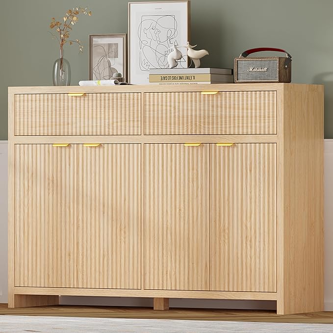 Fluted Sideboard Buffet Cabinet with Storage and Large Drawers, 55" W Credenza Storage Cabinet for Living Room or Entryway, 40'' H Farmhouse Buffet Table with Adjustable Shelves, Console Cabinet