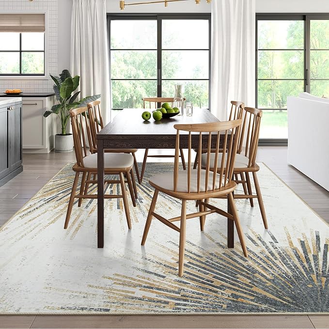 Lahome Modern Washable Area Rugs 8x10 - Ultra-Thin Non-Slip Soft Velvet Abstract Living Room Rug Starburst Floor Rugs, Abstract Print Washable Rug for Dining Room Table Office (Gold/Gray, 8'x10')