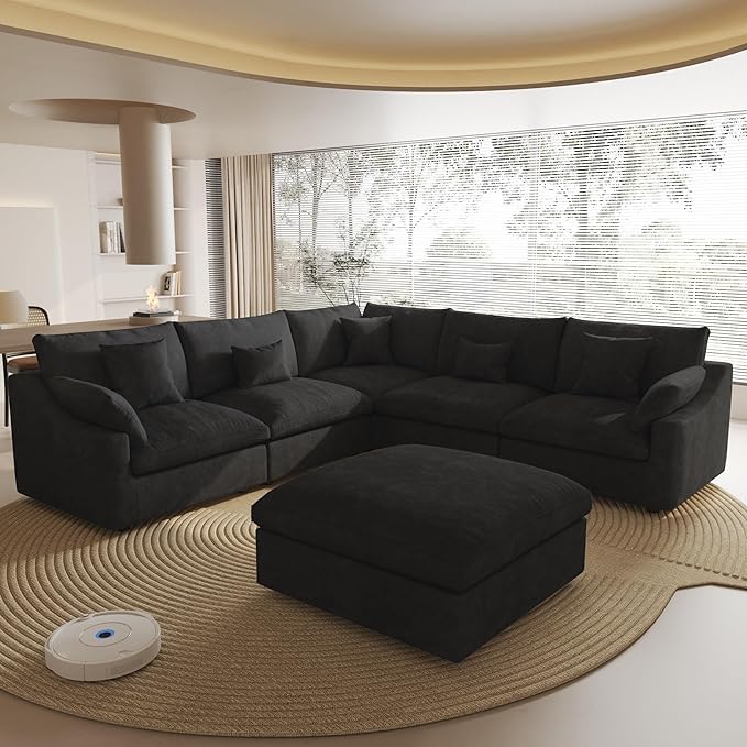 Modular Sectional Sofa Couch, 119.29" V Shaped Modular Couch with Storage Ottoman, Down Filled Convertible Sofa for Living Room, 6 Seat Wide Couches,Cushion Covers Removable,Black