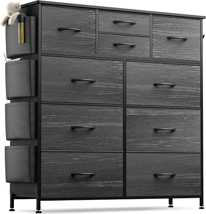 Lulive Dresser for Bedroom with 10 Drawers, Chest of Drawers, Fabric Storage Tower with Side Pockets and Hooks, Organizer Unit for Living Room, Hallway, Closet