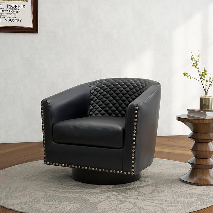 Swivel Barrel Accent Chair, Comfy Modern Upholstered Round Faux Leather Arm Chair for Living Room, Bedroom（Black, Set of 1