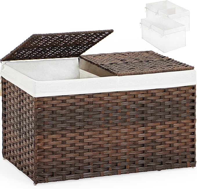 Storage Basket with Lid Rattan Storage Basket with 2 Separate Lid, 27.8 Gallon (105 L) 25.2 * 15.4 * 16.1 Inches Woven Wicker Baskets with 2 Liners and Handles for Bedroom Laundry-Brown