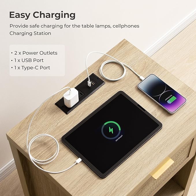 SICOTAS Rattan Nightstand, Farmhouse Night Stands with Drawer, Boho End Side Table for Bedroom, Small Space, Black Oak