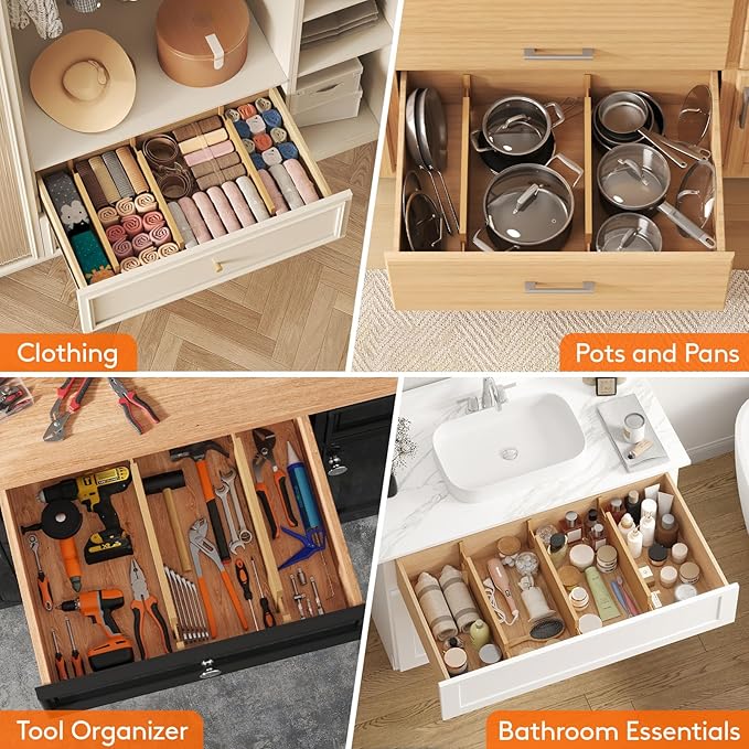 Lifewit 6 Pack 6" Deep Bamboo Drawer Dividers, 17.5-22" Expandable Drawer Organisers for Clothes, Adjustable Dresser Drawer Divider, Clothing Drawers Separators for Dresser, Bedroom, Bathroom, Office
