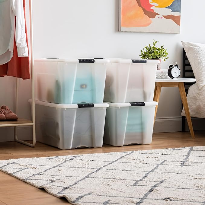 IRIS USA 72 Qt Stackable Plastic Storage Bins with Lids, 4 Pack - BPA-Free, Made in USA - Discreet Organizing Solution, Latches, Durable Nestable Containers, Secure Pull Handle - Pearl