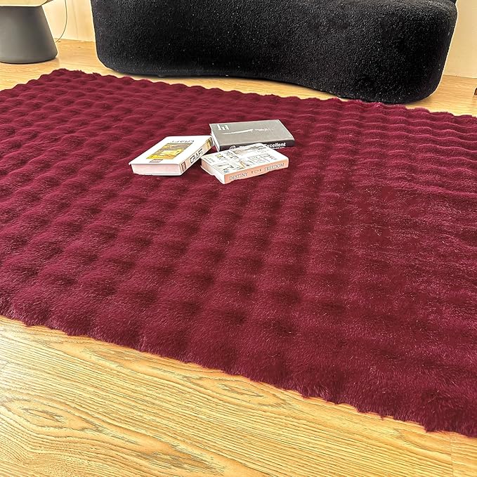 Wine Red Rabbit Plush Area Rug for Bedroom Living Room Sofa,4'X6' Faux Fur Fluffy Shaggy Rectangular Square Rug for Kids Teen Girls Room,Furry Carpet Rug for Nursery Baby Room Decor for Teenage