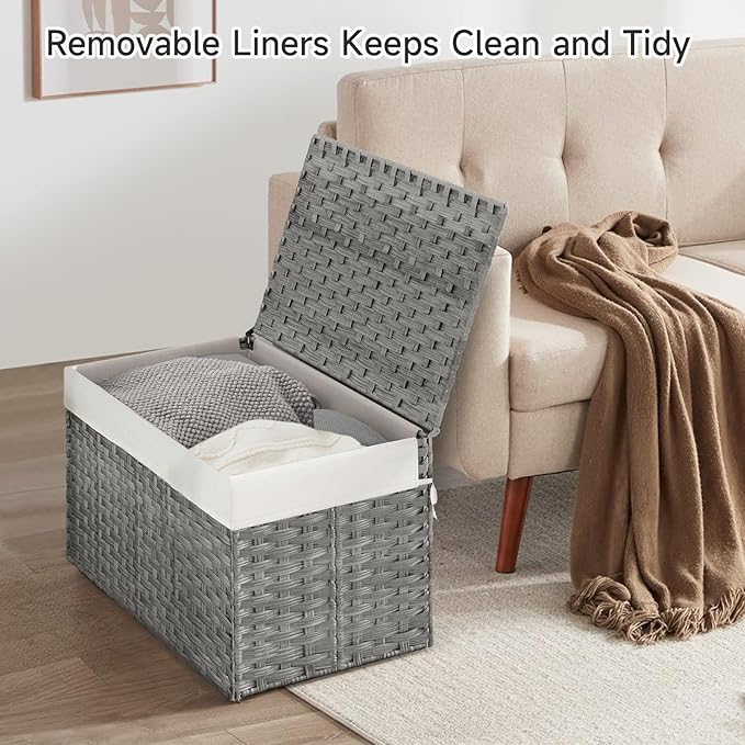 180L Wicker Storage Basket with Lid, Handwoven Rattan Large Shelf Basket with Removable Liner, 47.6 Gallon Wicker Basket for Blanket, Storage Trunk with Handle for Closet, Bedroom, Livingroom, Grey