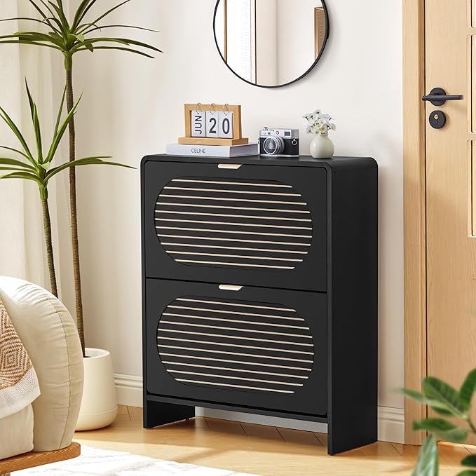 Curved Narrow Shoe Storage Cabinet for Entryway with 2 Flip Drawers, Wood Shoe Cabinet with Arched Panel, Freestanding Shoe Organizer Closed Shoe Rack for Hallway, Foyer, Black