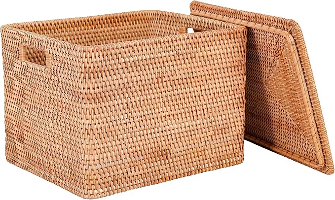Rattan Basket With Lid, Large Lidded Basket For Storage(15.75" L×13.78"W×9.45"H)