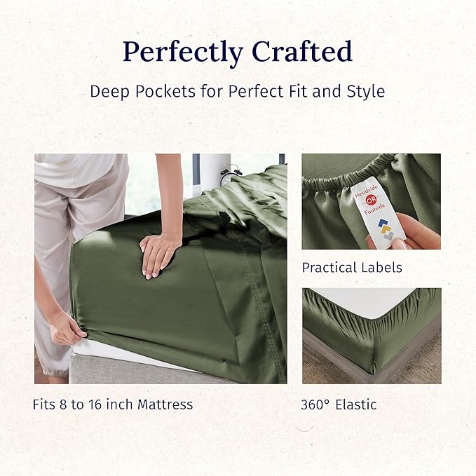 California Design Den Full Size Bed Sheets Cotton Set - Luxury 600 Thread Count 100% Cotton Sateen, Full Size Bed Sheets Cooling Set with Deep Pockets, Hotel Quality Sheets - Olive Green