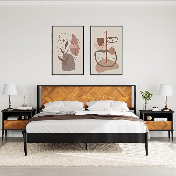 Lenia King Bed Frame with 2 Matching Nightstands – Modern Wood Platform Bed Set, Chevron Diamond Design, No Box Spring Needed, Slatted Support (Teak Brown, King)
