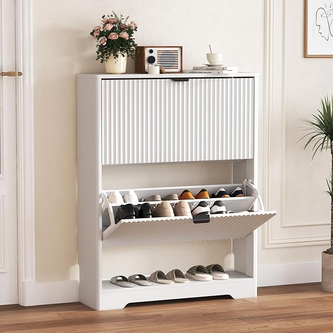 Shoe Cabinet Storage for Entryway with 2 Flip Drawers, White Fluted Shoe Cabinet with Open Storage, Wooden Hidden Shoe Rack Freestanding Narrow Slim Shoes Organizer for Hallway, Entrance
