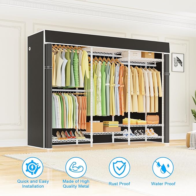 Ulif E13C Heavy Duty Closet Organizer System，Freestanding Clothing Racks for Hanging Clothes，Adjustable Garment Rack 63" W x 16" D x 77" H Hold 960 lbs，White Clothing Rack with Black Dustproof Cover