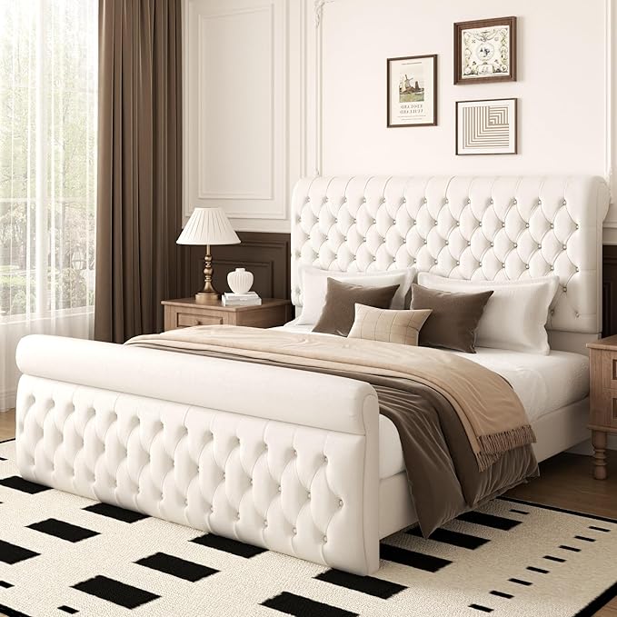 57.5" Tall King Size Upholstered Bed Frame with Rolled Headboard and Footboard, Plaform Bed Frame with Deep Button Tufting, Soft Chenille Fabric, Noise Free, No Spring Box Needed, Beige