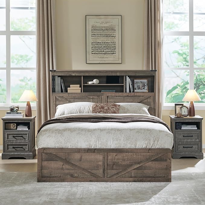 Farmhouse Full Size Wood Bed Frame with 52" Tall Storage Headboard and 4 Drawers,LED Light,Charging Station,Solid Wood Slats Support,Noiseless,No Box Spring Needed,Light Brown