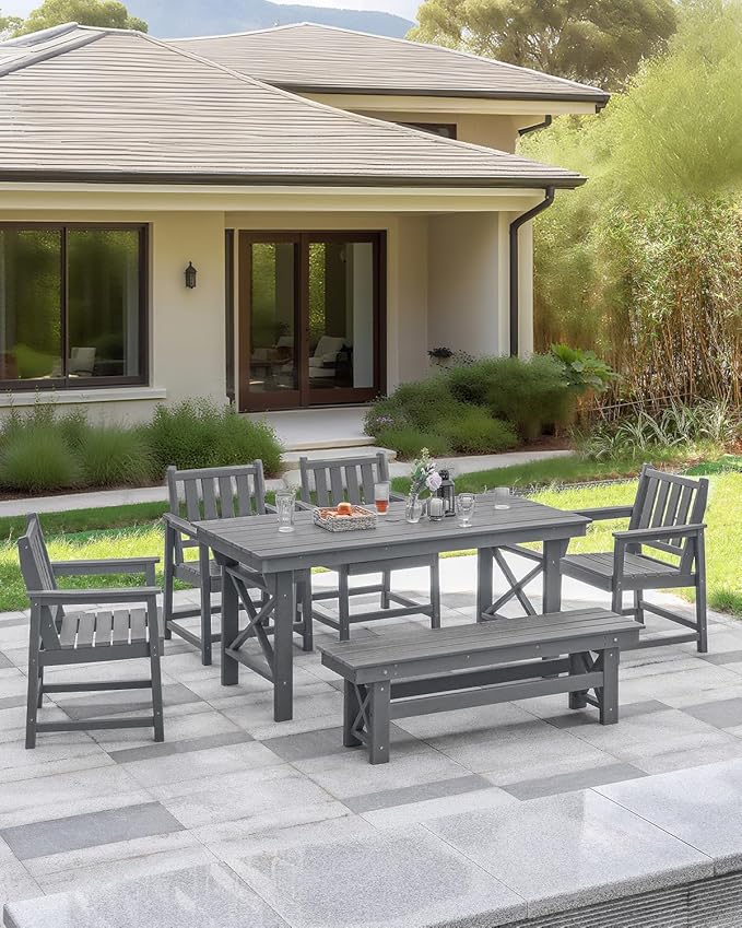 QUASCO HDPE Outdoor Dining Set for 6, Patio Dining Furniture Set with Umbrella Hole Cut-Out Table and 1 Bench and 4 Chairs, All Weather Outdoor Dining Bench Sets, Gray