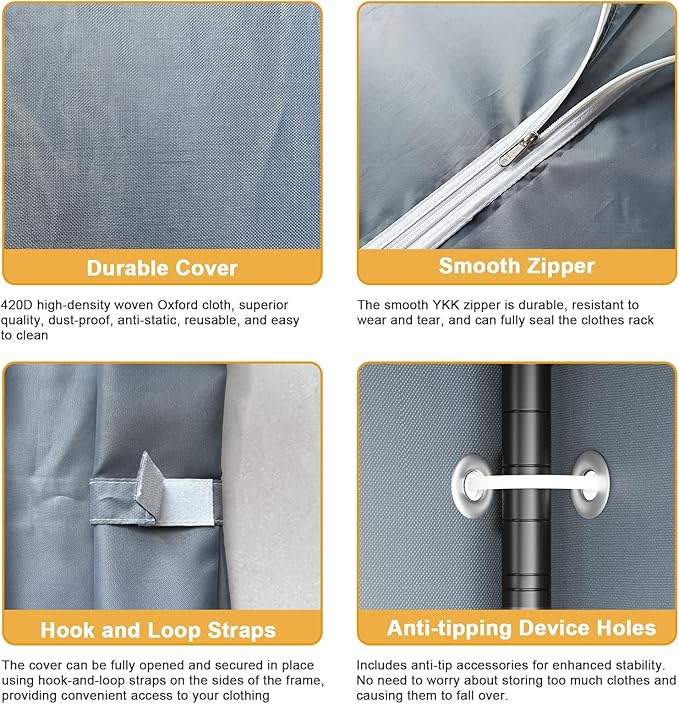 H50C Extra Large Clothes Rack with Cover, Freestanding Portable Closet, Covered Clothing Racks for Hanging Clothes, Heavy Duty Garment Rack, Wardrobe Closet with Gray Cover Max Load 1350 Lbs