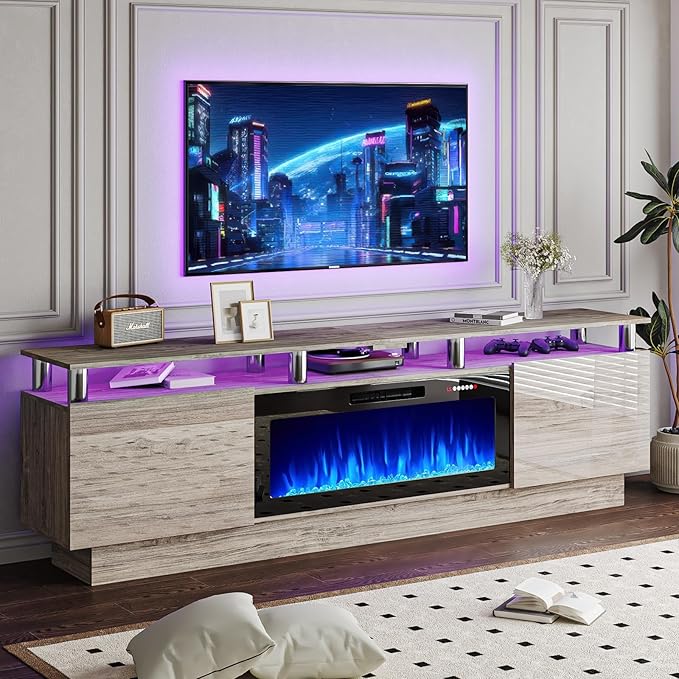 80" Modern Fireplace TV Stand with 36" Electric Fireplace for TVs Up to 90 inch, Luxury LED Light Entertainment Center with High Gloss Cabinet, TV Consoles for Living Room, Grey