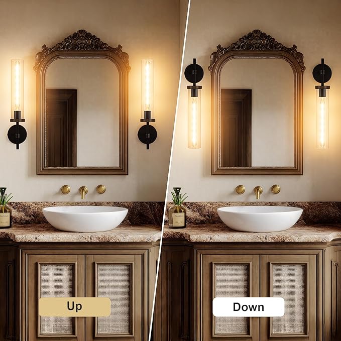 19.5" Knurled Brass Wall Sconce with Clear Glass Tube, Black Gold Bathroom Vanity Light Fixtures, Modern Lamp Lighting for Bedroom, Living Room, Hallway, Staircase, Mirror, Kitchen