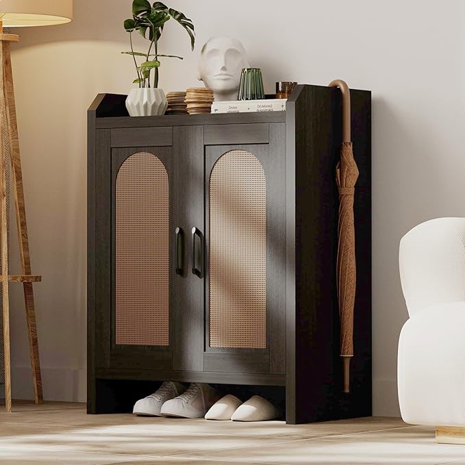 Shoe Cabinet Storage for Entryway, Natural Rattan Shoes Cupboard, Wooden Shoe Rack with Doors and Shelves, Farmhouse Boho Wood Shoe Organizer Cabinet for Hallway Black