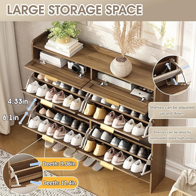 Rattan Shoe Storage Cabinet with 4 Flip Drawers & 2 Drawers, Freestanding Organizer for Front Door Entrance, Hidden Narrow Shoe Rack Cabinet Storage for Entryway, Rustic Oak Rattan