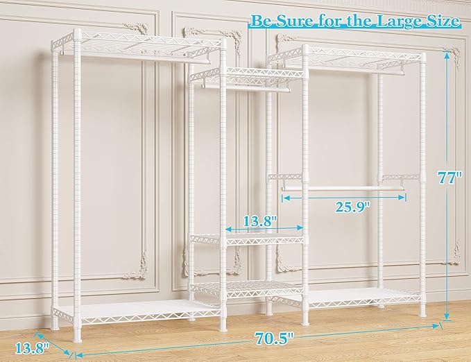 Raybee Clothes Rack Heavy Duty Clothing Racks for Hanging Clothes Adjustable Hanging Clothes Rack Garment Rack, White, 13.9" D x 70.6" W x 77" H