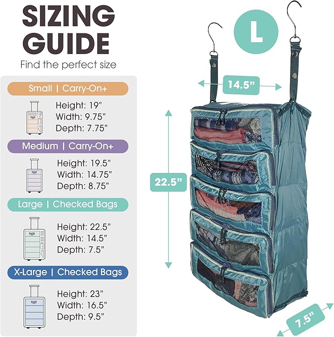 Pack Gear Hanging Suitcase Organizer - Our Large Hanging Luggage Organizer Fits Any Suitcase - Our Packing Cubes For Travel Uses Mesh Windows to Make it Easy to Find your Clothes (Green, L)