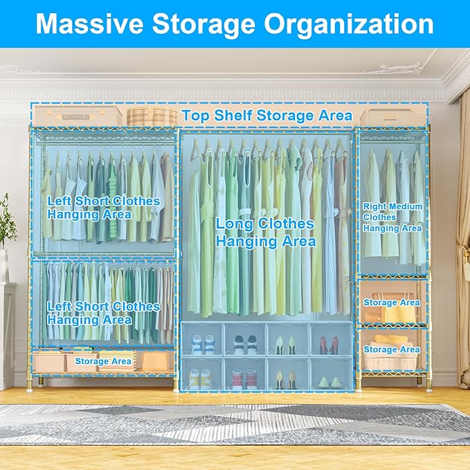 Ulif E10 Clothes Rack（With Stretchable Hanger Rod）Freestanding Clothing Racks for Hanging Clothes，Adjustable Closet Organizer System，Portable Garment Rack 73-97"W x 15" D x 72" H，Max Load 800LBS，Gold