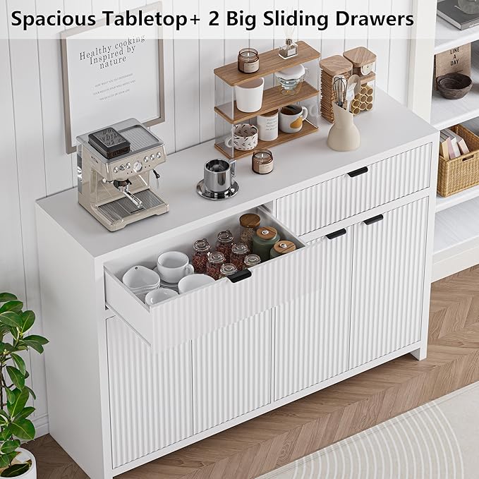 Fluted Sideboard Buffet Cabinet with Storage and Large Drawers, 55" W Credenza Storage Cabinet for Living Room or Entryway, 40'' H Farmhouse Buffet Table with Adjustable Shelves, Console Cabinet