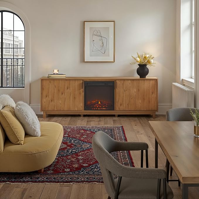 Walker Edison Arundo Reeded TV Stand with Fireplace & Storage, 70" Fireplace, English Oak