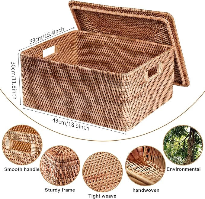 Rattan Basket With Lid, Large Lidded Basket For Storage(18.9" L×15.35"W×11.81"H)