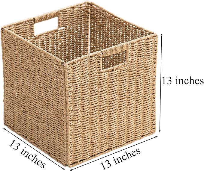Handwoven Paper Woven Cube Basket Organizer with Handles set of 4 Foldable Storage baskets for Bedroom Living Room Cubby Storage Units for Clothes Books Toys (Natural, 13" L x 13" W x 13" H)