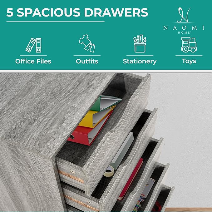 5-Drawer Rolling Storage Cart Organizer - Mobile Under Desk Dresser with Lockable Wheels, Grey Oak Engineered Wood for Home Office Dorm, Compact 15.7 x 15.7 x 26 Inches