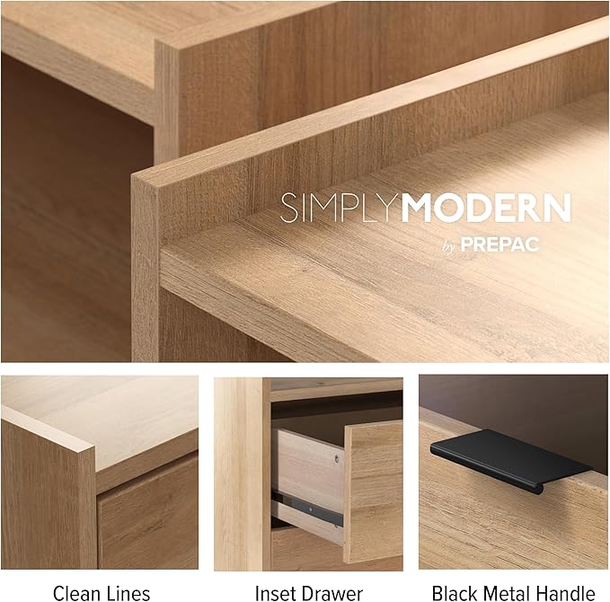 Prepac Simply Modern Nightstand Bedside Table, Natural Oak Nightstand for Bedroom, End Table with 2 Drawers and Open Shelf 23.75" W x 26.75" H x 16" D