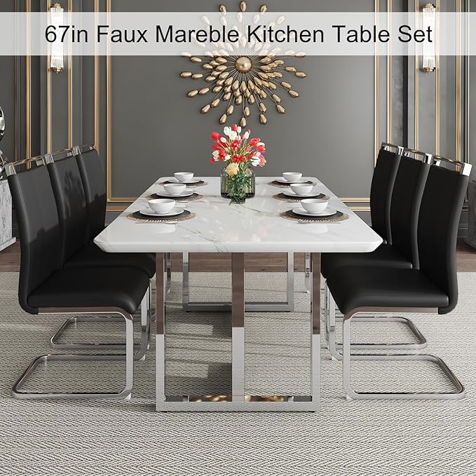 67'' Modern Dining Table Set for 6,White Kitchen Table Set,Luxury Dining Table Set with 1.8-inch Thick Faux Marble Table Top＆6 Pu Leather Upholstered Chairs Ideal for Dining kicken Room
