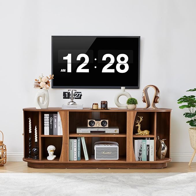 Turtle & Myrtle 63" Mid Century Modern TV Stand for Tvs up to 70", Fluted TV Media Console Table with Storage and Adjustable Shelves, Curved Edge Entertainment Center for Living Room (Walnut)