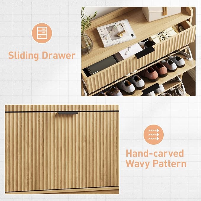 Maupvit Fluted Shoe Cabinet with 2 Flip Drawers & Large Drawer, Freestanding Shoe Storage with Adjustable Shelf, Shoes Organizer Shoe Rack for Entryway, Hallway, Front Door Entrance