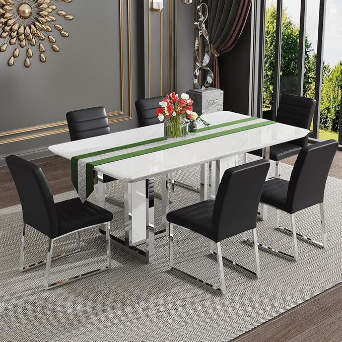 67'' Modern Dining Table Set for 6,White Kitchen Table Set,Luxury Dining Table Set with 1.8-inch Thick Faux Marble Table Top＆6 Pu Leather Upholstered Chairs Ideal for Dining kicken Room