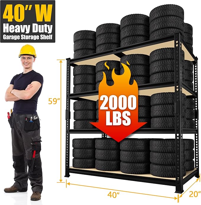 PrimeZone 40" W x 20" D x 59" H Heavy Duty Storage Shelves, 4 Tier Adjustable Garage Shelving Unit, Metal Organizer Shelf Utility Rack for Warehouse Pantry Closet Kitchen, Black