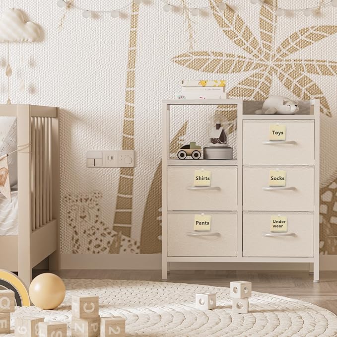 Furnulem 5 Drawer White Dressers for Bedroom 2 Tier Shelf Storage Small Fabric Dresser for Closet Sturdy Metal Frame Modern Style Storage Cabinets Organization Units for Hallway Rooms