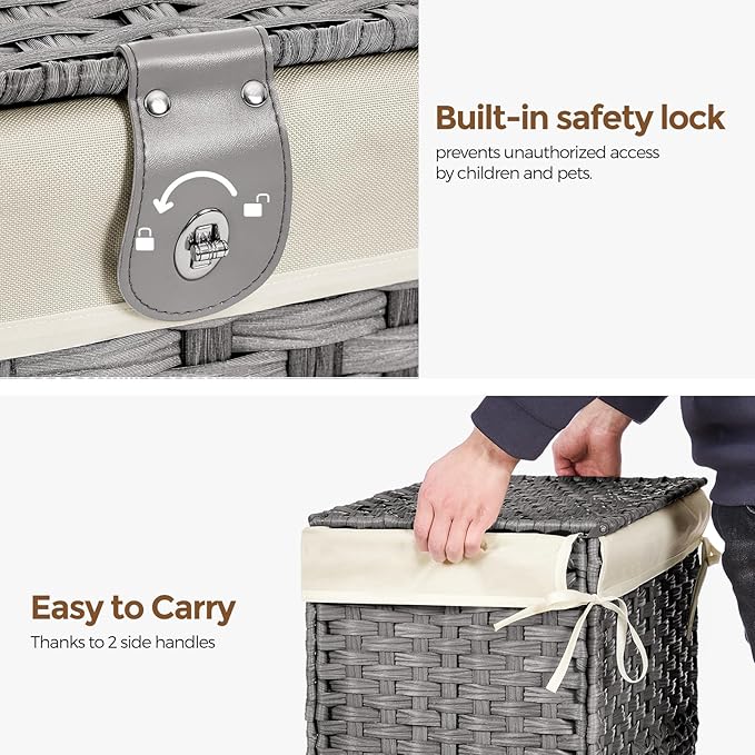 Wicker Storage Basket with Lid,Rattan Shelf Basket with Removable Liner Bag,105L Storage Bin,Storage Trunk with Heightened Feet,Storage Container for Wardrobe,Home Organizer