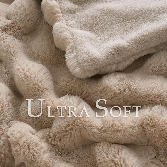 BENVWE Faux Fur Throw Blanket for Couch - Cozy Fuzzy Soft Plush Fluffy Thick Luxury Minky Bubble Blanket for Living Room Home Decor- Mothers Day Birthday Gifts for Women, Beige, 51" x 63"