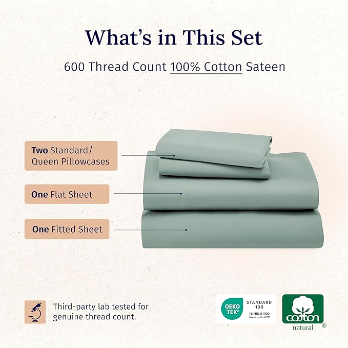 CALIFORNIA DESIGN DEN 5-Star Hotel 600 Thread Count 100% Cotton, Soft & Smooth Queen Sheet Set with Deep Pockets, Quality Beats Egyptian Cotton Claims (Sage Green)